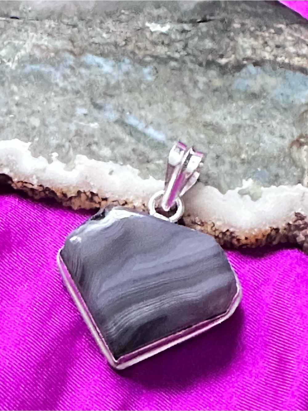 Artisan Handcrafted Botswana Agate Gray Banded Agate Pendant with Silver Bezel